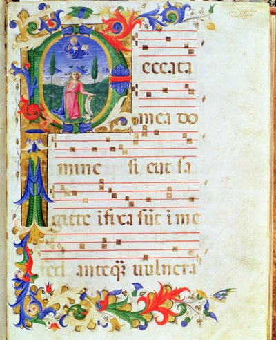 Ms 577 f.1 Historioitu alkukirjain "P", joka kuvaa mieshahmoa erämaassa, "Messale di Sant