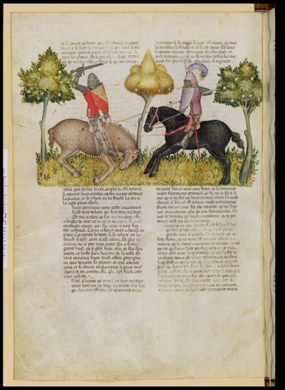 Ms Fr 343 fol.26v Sir Percivals hevonen tapettiin Queste del Saint Graalista, n. 1380-85 tekijältä Italian School