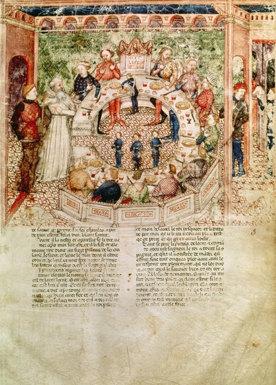 Ms Fr 343 fol.3 Sir Galahad on tervetullut pyöreään pöytään Queste del Saint Graalista, n. 1380-85 tekijältä Italian School