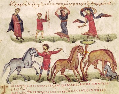 Ms Grec 479 Horse Trainers, kuvitus Oppianin Halieuticasta tai Cynegeticasta tekijältä Italian School