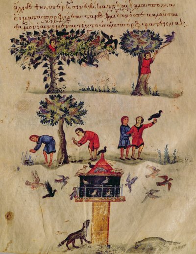 Ms Grec 479 Lintujen metsästys, kuvitus luultavasti Oppianin Ixeutikasta (tempera perunakalvolla) tekijältä Italian School