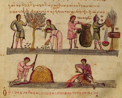 Ms Grec 479 Peltotyöskentely, kuvitus Oppianin Cynegeticasta (tempera perulla) tekijältä Italian School