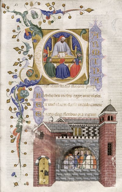 Ms Hunter 374 f.4r Boethius oppilaiden kanssa vankilassa, julkaisusta De Consolation Philosophiae cum Commento, 1385 tekijältä Italian School