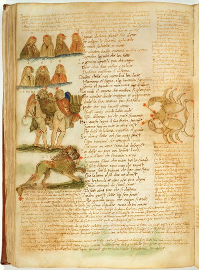 Ms Ital 483 P.4.7 f.156v Kaksoset, leijona ja syöpä, Fazio degli Ubertin (vellum) Dittamondosta tekijältä Italian School