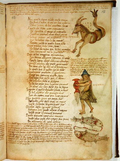 Ms Ital 483 P.4.7 f.158r Kauris, Vesimies ja Kalat, Fazio degli Ubertin (vellum) Dittamondosta tekijältä Italian School