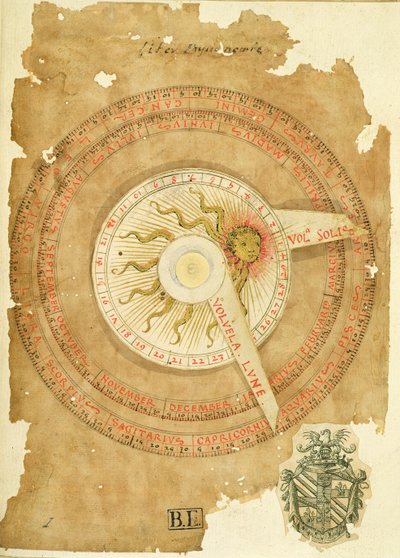 Ms Lat 696 W.8.20 fol.1r aurinkokellokalenteri, julkaisusta "Liber Physiognomiae", n. 1440 (vellum) tekijältä Italian School