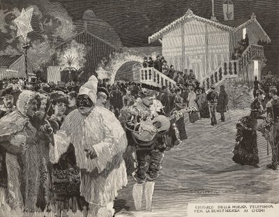 Musiikkikioski rahan keräämiseksi sokeille, Pulcinella-naamio, karnevaali Napolissa, Italiassa, kaiverrus Matanian piirroksesta, kaiverrus Gamberonista L