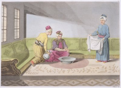 Muslim Performing his Ablutions, levy 34 osasta III, osa I, The History of the Nations, kaiverrus V. Raineri (akvatinta) tekijältä Italian School