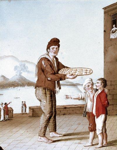 Napolilaiset pienet työt: "" pasticiotti" (Napoli hiekka) myyjä - (Vanha kauppa: keksimyyjä) 1800-luvun akvarelli - Napoli Museo Nazionale di San Martino tekijältä Italian School