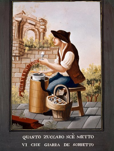 Napolilaiset pienet työt: sorbetin myyjä - (Vanha kauppa: jäätelön myyjä) 1800-luvun akvarelli - Napoli Museo Nazionale di San Martino tekijältä Italian School