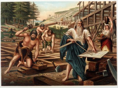 Noe ja hänen perheensä rakentamassa arkkia (Noe katsomassa rakennussuunnitelmaa) kirjassa "" Kultainen klassikko Raamattu: jumalallisen ilmestyksen historia muinaisessa ja uudessa opinnäytetyössä "" Giovanni Ladislao Sykora (osa 1), kääntänyt Don Clemente  tekijältä Italian School