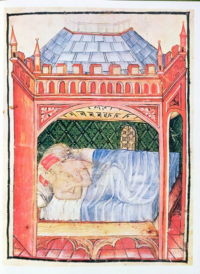 Nouv Acq Lat 1673 fol.100 Pariskunta sängyssä, Tacuinum Sanitatis, n. 1390-1400 tekijältä Italian School