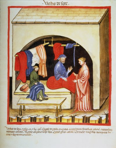Nova 2644 fol.106r The Tailors Shop : Silkkivaatteita, valmistaja Tacuinum Sanitatis tekijältä Italian School