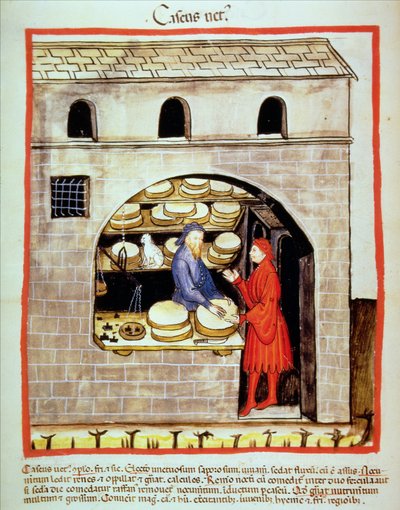 Nova 2644 fol.60v Myynnissä kypsää juustoa, Tacuinum Sanitatisista tekijältä Italian School