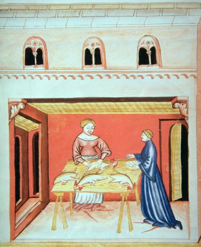 Nova 2644 fol.79v Teurastajat: Kivesten poisto, Tacuinum Sanitatis tekijältä Italian School