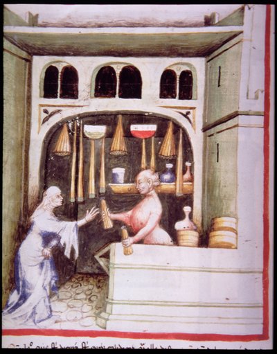 Nova 2644 fol.95v The Candle Shop, valmistaja Tacuinum Sanitatis tekijältä Italian School