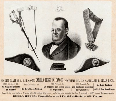 Camillo Benso conte di Cavourin (1810-1861) käyttämät esineet - hatut ja hänen poliittisten ja diplomaattisten tehtäviensä tunnusmerkit sekä Pyhän Mauritiuksen ja Pyhän Lasaruksen ritarikunnan suuri köysi (Ordine dei Santi Maurizio e Lazzaro) - Kaiverrus 1 tekijältä Italian School