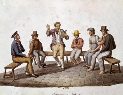 Vanhat napolilaiset tapaukset: matkustava lukija tai balladilaulaja - (vanhat napolilaiset ammatit: tarinankertoja) 1800-luvun akvarelli - Napoli Museo Nazionale di San Martino tekijältä Italian School