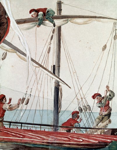 Vanhat napolilaiset kaupat: kalastusvene - 1800-luvun akvarelli - Napoli Museo Nazionale di San Martino tekijältä Italian School