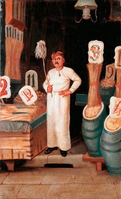 Vanha ruokalaji: pastamyyjän kauppa. Nimetön detrempe. 1800-luvun 1800-luvun pastan kansallismuseo, Agnesin säätiö, Rooma tekijältä Italian School