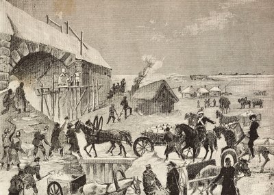 Yksi Venäjän rajalle rakenteilla olevista linnoituksista, kaiverrus Fritzmannin luonnoksesta, L