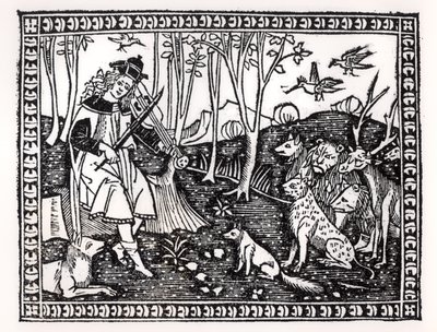 Orpheus leikkii eläimille, 1500 (puupiirros) (bw kuva) tekijältä Italian School
