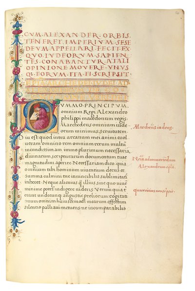 PSEUDO-ARISTOTLE, Secreta secretorum; "MARDOCHEUS IUDEUS", Epistola ad Alexandrum de cognitione veri dei; ADAM DE MONTALDO (k. n. 1450-1495), Divinitus prolata iudicia sive premonita; Quedam alia summatim posita iudicia, Rooma, n. 1490 (muste ja väri vellu tekijältä Italian School