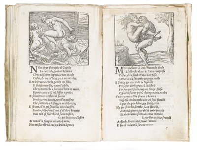Sivu Pietro Aretinon "Sonetti Lussuriosista", kuvittanut Giulio Romano ja kaivertanut Marcantonio Raimondi, julkaistu Venetsia, n. 1527 tekijältä Italian School