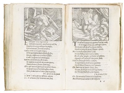 Sivu Pietro Aretinon "Sonetti Lussuriosista", kuvittanut Giulio Romano ja kaivertanut Marcantonio Raimondi, julkaistu Venetsia, n. 1527 tekijältä Italian School