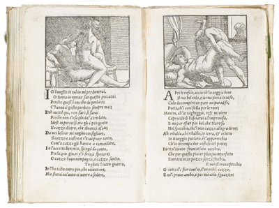 Sivu Pietro Aretinon "Sonetti Lussuriosista", kuvittanut Giulio Romano ja kaivertanut Marcantonio Raimondi, julkaistu Venetsia, n. 1527 tekijältä Italian School
