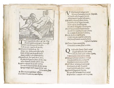Sivu Pietro Aretinon "Sonetti Lussuriosista", kuvittanut Giulio Romano ja kaivertanut Marcantonio Raimondi, julkaistu Venetsia, n. 1527 (paino & puupiirros) tekijältä Italian School