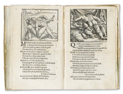Sivu Pietro Aretinon "Sonetti Lussuriosista", kuvittanut Giulio Romano ja kaivertanut Marcantonio Raimondi, julkaistu Venetsia, n. 1527 (paino & puupiirros) tekijältä Italian School