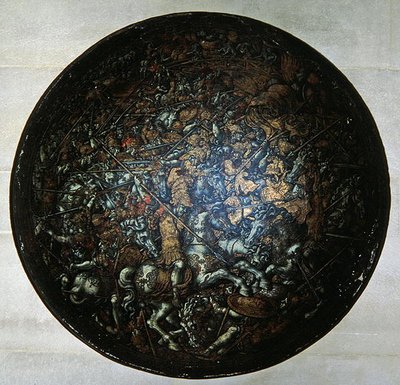Pageant Shield, jossa on kohtauksia Rooman historiasta (maalattu puu) tekijältä Italian School