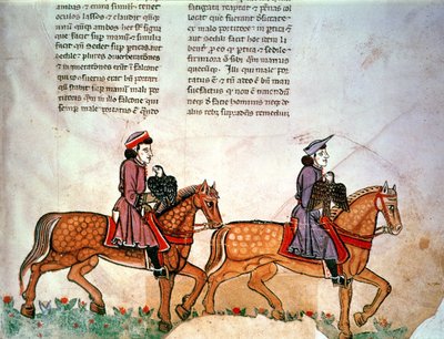 Pal Lat 1071 Frederick II: Kaksi ratsumiestä haukkojen kanssa, De Artesta Metsästys lintujen kanssa tekijältä Italian School