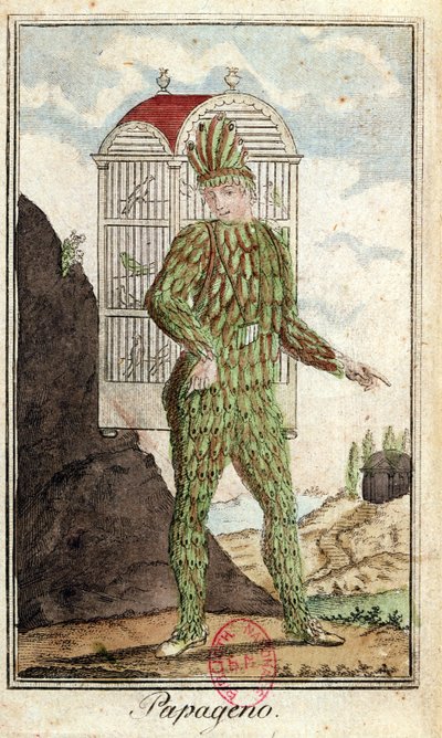 Papageno, lintujensieppaaja, Wolfgang Amadeus Mozartin (1756-91) Taikahuilusta tekijältä Italian School