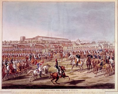 Italian kuningaskunnan italialaisen ratsuväen paraati. Printtejä 1800-luvun alusta tekijältä Italian School