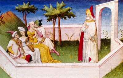 Paratiisipuutarha, kuvitus teoksesta "Marco Polon matkat", kirjoittanut Rustichello da Pisa (tempera perunakalvolla) tekijältä Italian School