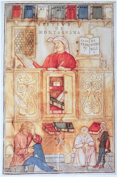 Petrus de Montagnana, kuvitus Jean de Kethamin teoksesta "Fasciculus Medicinae", julkaistu Venetsiassa 1495 (värillinen puupiirros) tekijältä Italian School