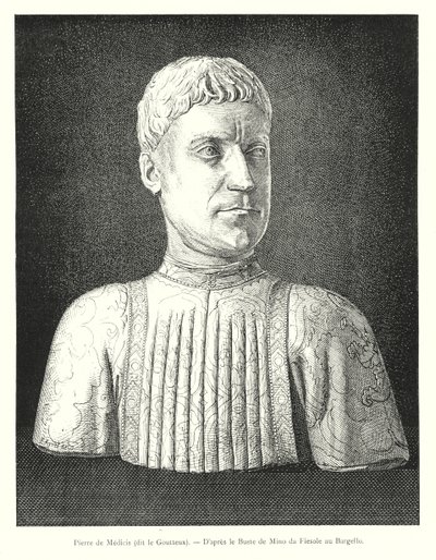 Pierre de Medici, nimeltään Kihti, Mino da Fiesolen rintakuvan mukaan Bargellossa (kaiverrus) tekijältä Italian School