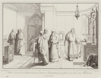 Pietro Orseolo I hylkää valtaistuimensa ja kotimaansa tullakseen munkina Ranskaan, 978 (kaiverrus) tekijältä Italian School
