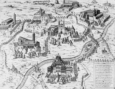 Pyhiinvaeltajat vierailevat seitsemässä Rooman kirkossa pyhänä vuonna 1575, kaiverrus, Italia tekijältä Italian School