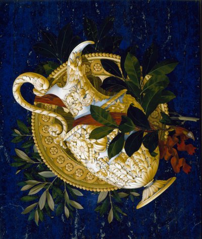 Kannu ja lehtiä. (Marquetry upotekoristeista marmoria tekijältä Italian School