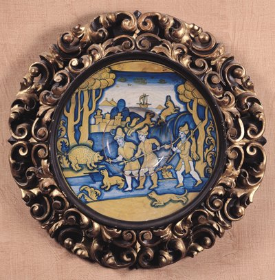 Metsästyskohtauksella koristeltu lautanen, Deruta Workshop, n. 1540-45 (maiolica) tekijältä Italian School