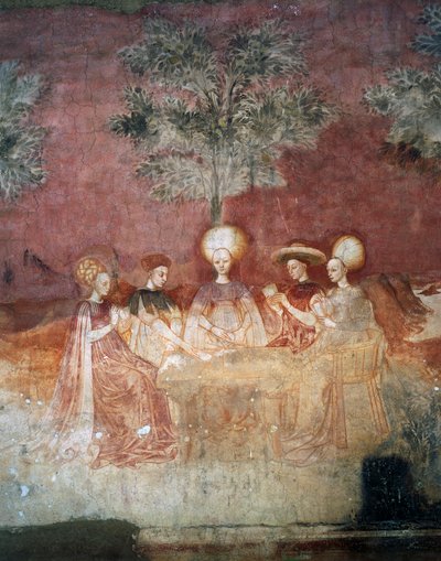 Tarot-korteilla leikkiminen, kohtaus Pelisyklistä, n. 1445-1450, fresko, Palazzo Borromeo, Milano, Lombardia, Italia tekijältä Italian School