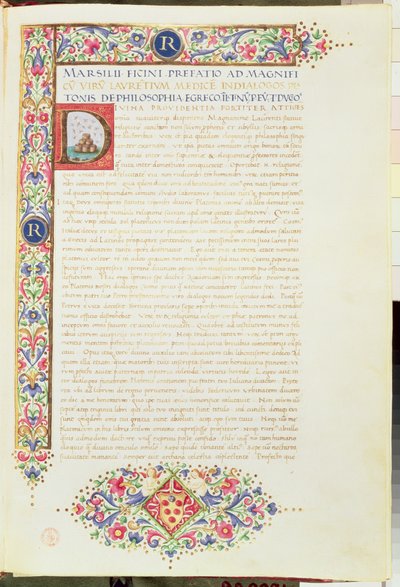 Plut 82.6 C.1 Ficinon kääntämät Platonin dialogit, omistettu Lorenzo Suurmiehelle, noin 1480 (pergamentti). tekijältä Italian School