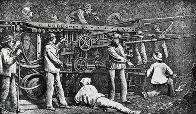 Giovanni Battista Piattin luoma ja Germano Sommeiller (1815-1871) täydentämä pneumaattinen kallioporakone, kaiverrus Italiassa tekijältä Italian School