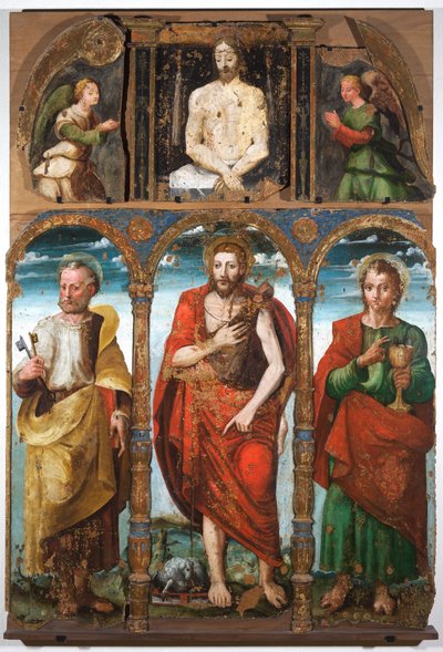 Polyptyykki Johannes Kastajasta, Pietari ja Johannes evankelista, 1500-luvun alkupuolisko (tempera paneelille). tekijältä Italian School