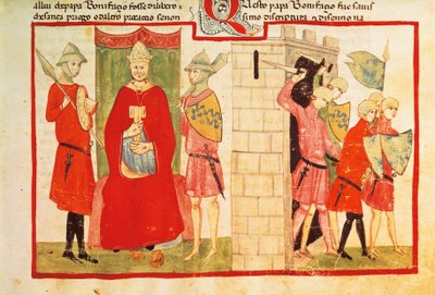 Paavi Bonifatius VIII Anagnissa ja Sciarra Colonnan (Giacomo Colonna) karkottaminen kaupungista, miniatyyri Giovanni Villanin kronikasta, käsikirjoitus Chigi L VIII 296 folio 176 recto, Italia 1300-luku. tekijältä Italian School