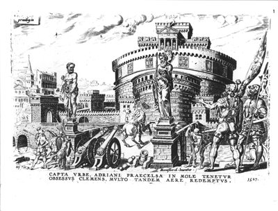 Kaarle V (1500-58) piiritti paavi Klemens VII (1478-1534) korkealla Hadrianuksen tornissa, 1527 tekijältä Italian School