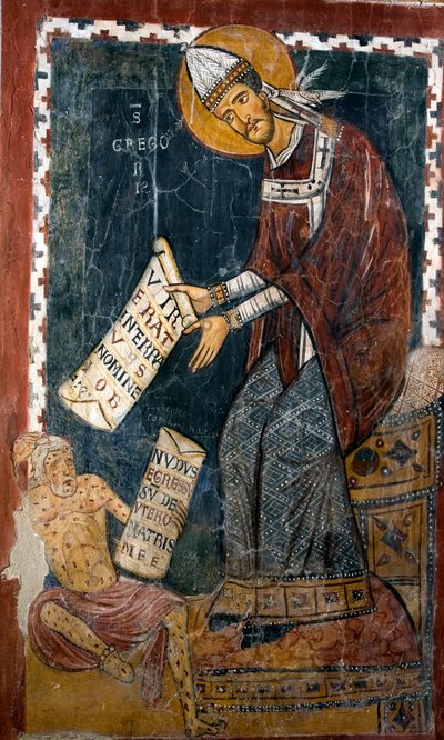 Paavi Gregoire I Suuri (540-604) ja Job Saint Gregoire pitävät paperia, johon on kirjoitettu latinaksi "" Vir erat in terra Hus nomine Job"" (Siellä oli mies Husin maasta, jota kutsuttiin Jobiksi) ja Job "" Nudus egressus sum de utero matris meae"" (Nu I tekijältä Italian School